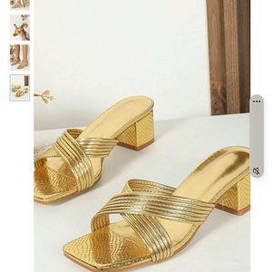 Brand New Glamorous Mule Sandals For Women, Metallic Cross Strap Chunky Heeled